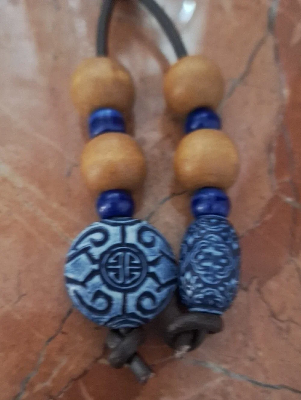 Beaded Leather Keychain Bag Charm with Blue Accents
